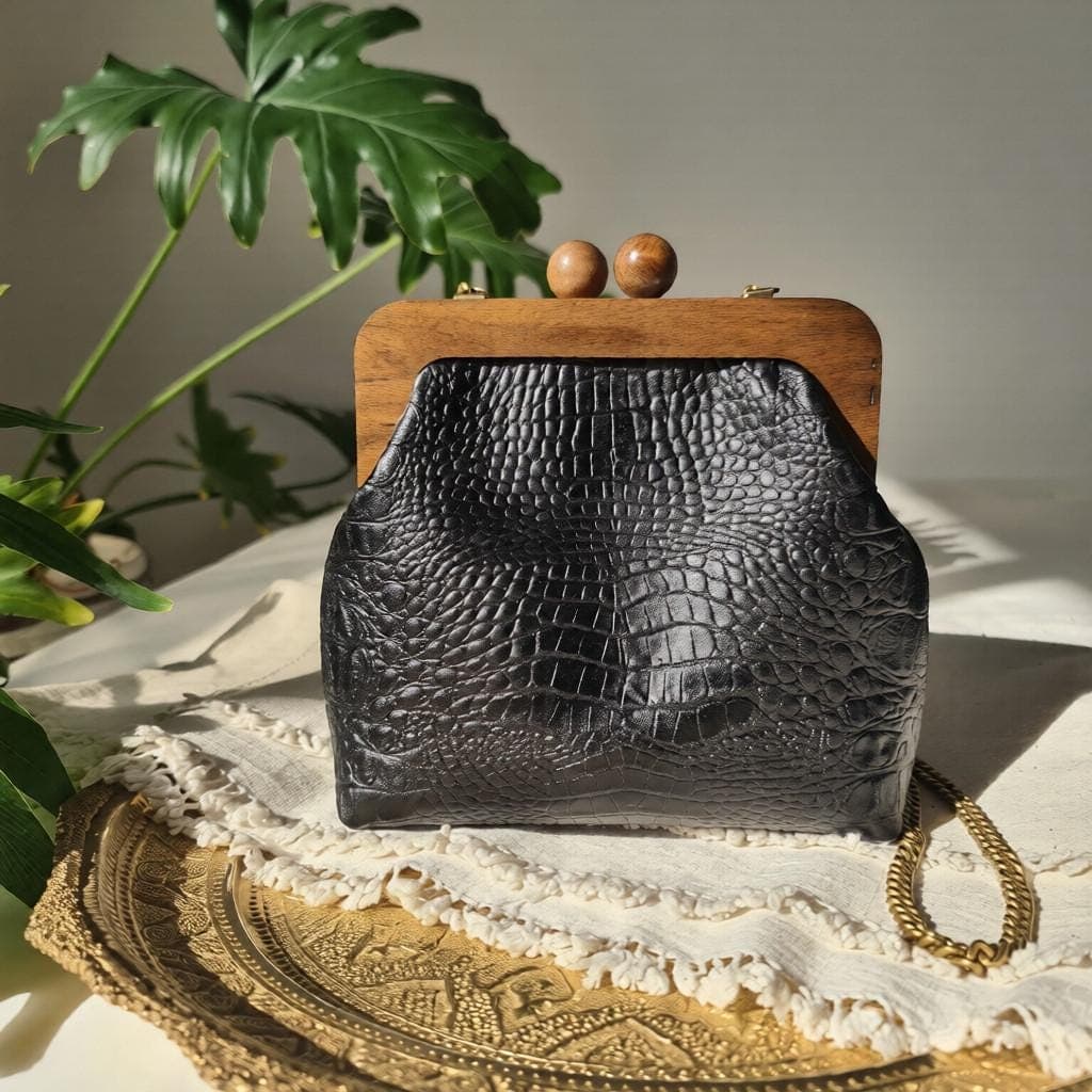 Embossed Crocodile Leather Handbag – Walnut Wood Frame
