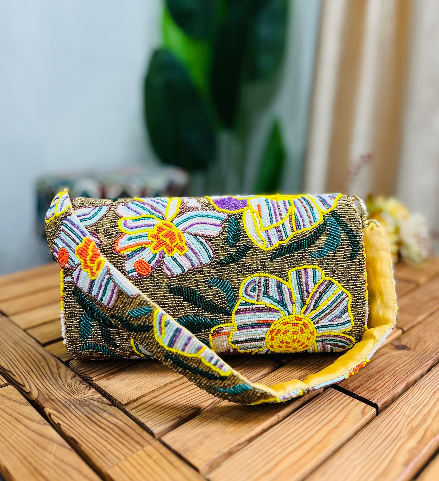Gold Floral Beaded Statement Shoulder Bag by Zara Label