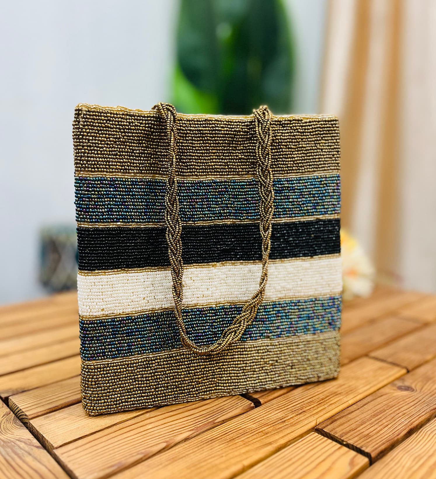 Metallic Striped Artisan Hand-Beaded Tote Bag by Zara Label
