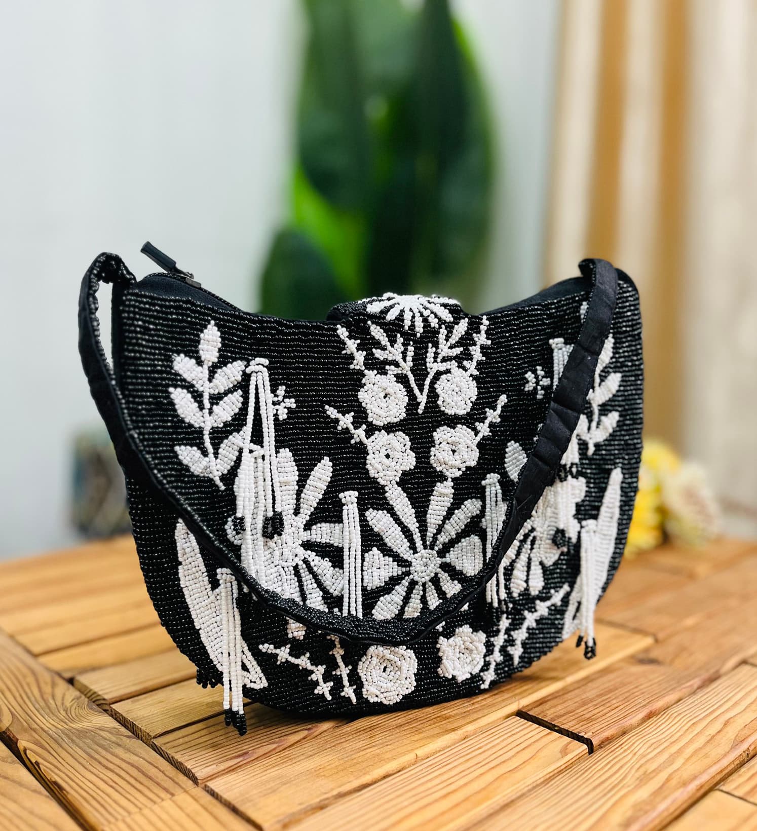 Monochrome Floral Hand-Beaded Shoulder Bag by Zara Label