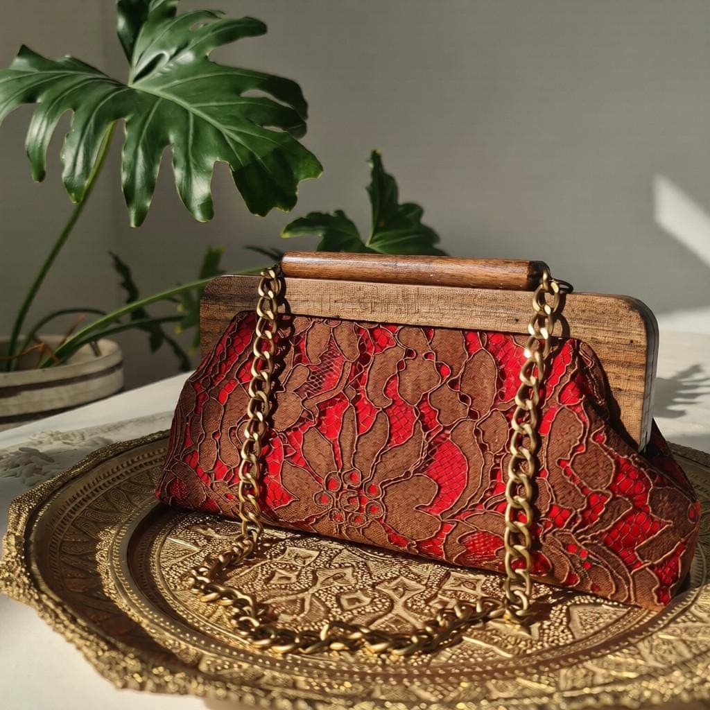 Embossed Fabric Clutch – Walnut Wood Frame