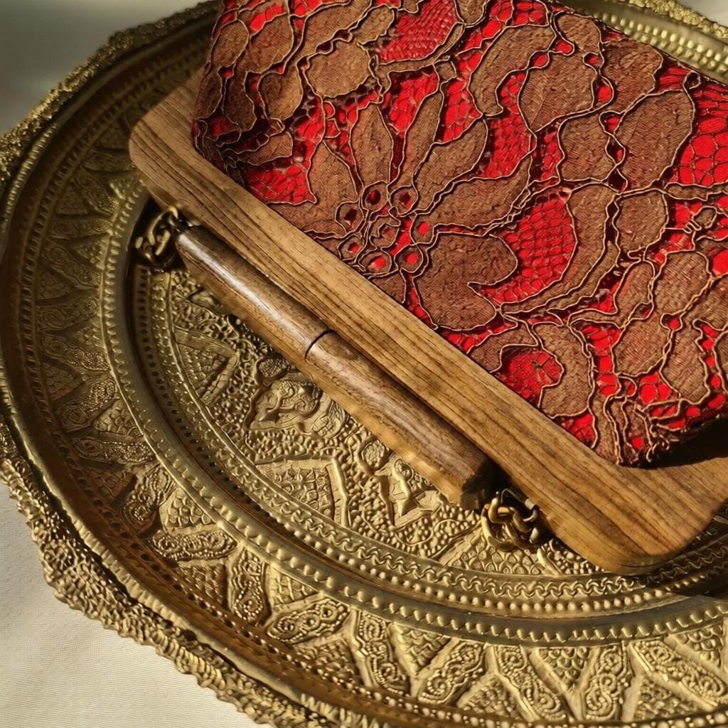 Embossed Fabric Clutch – Walnut Wood Frame