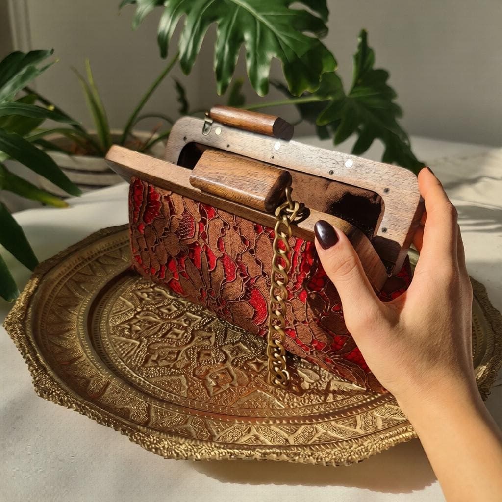 Embossed Fabric Clutch – Walnut Wood Frame