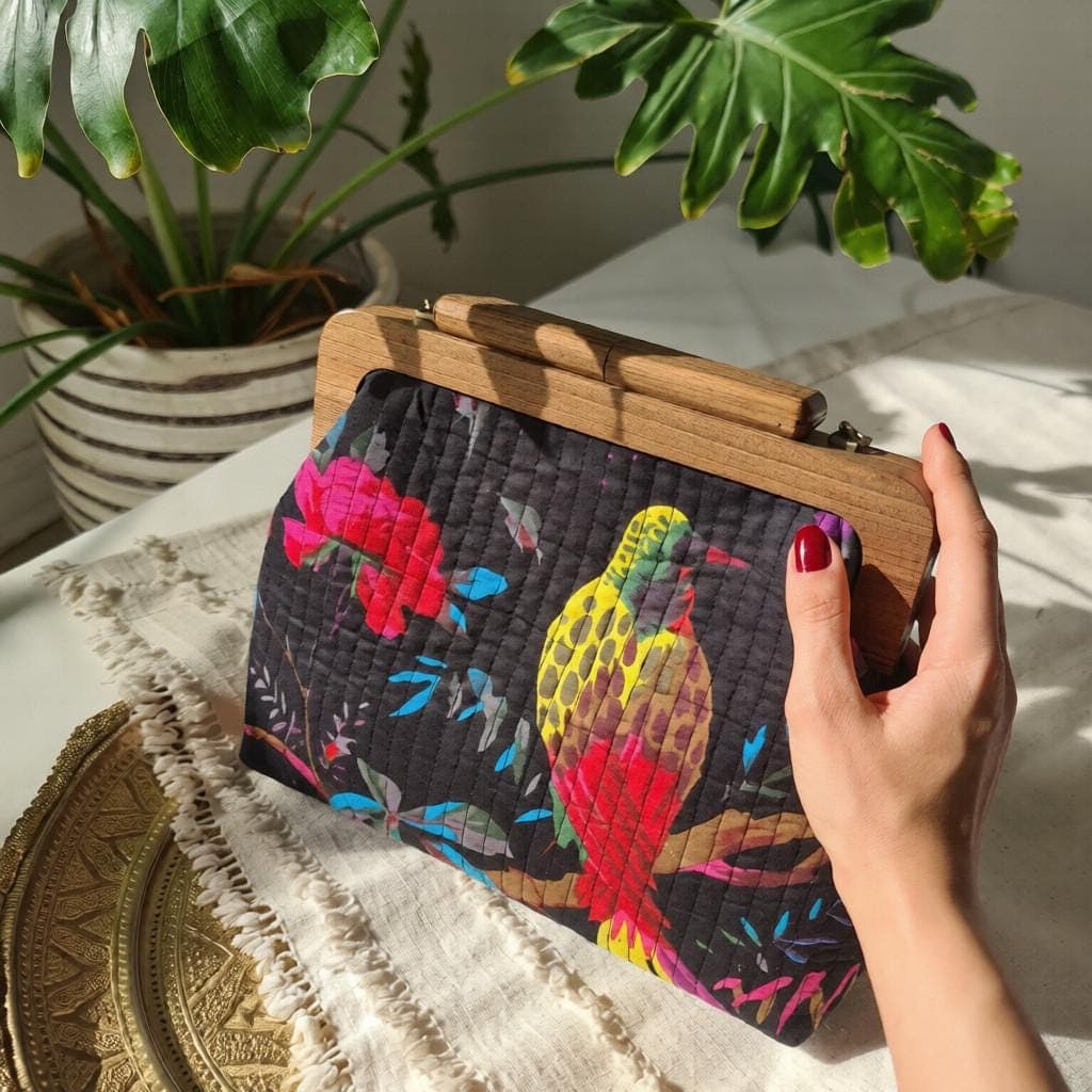 Quilted Bird Print Shoulder Bag – Walnut Wood Frame