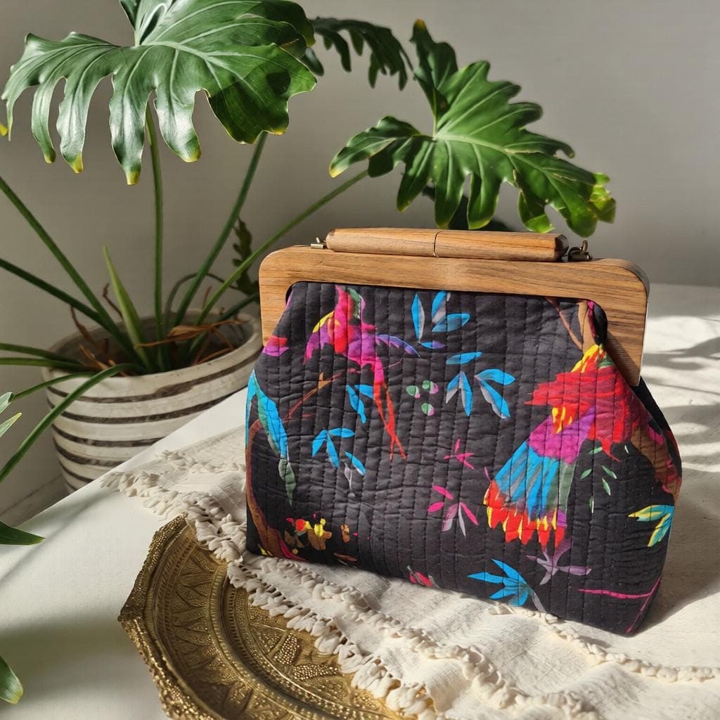 Hand-Woven Embroidered Shoulder Bag – Walnut Wood Frame