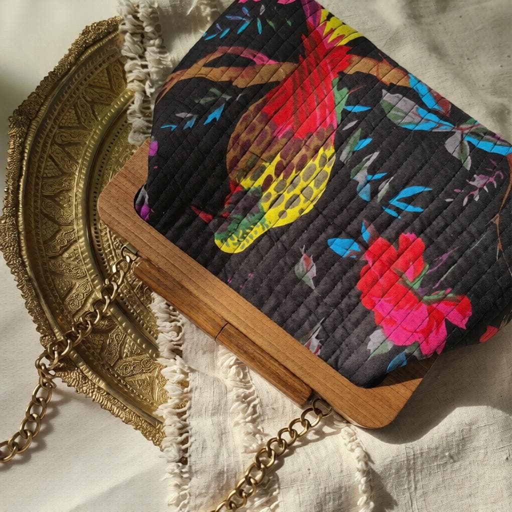 Hand-Woven Embroidered Shoulder Bag – Walnut Wood Frame