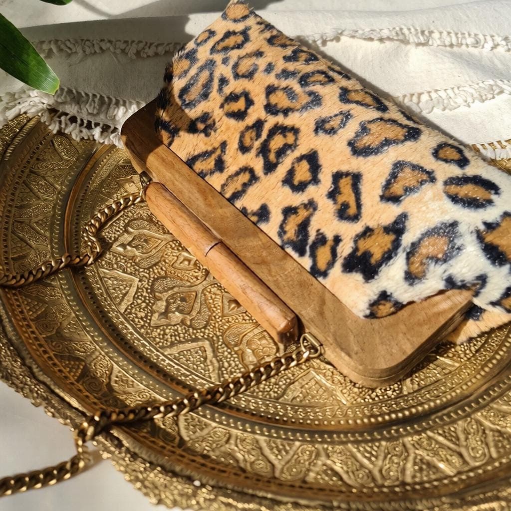 Leopard Faux Fur Clutch – Walnut Wood Frame