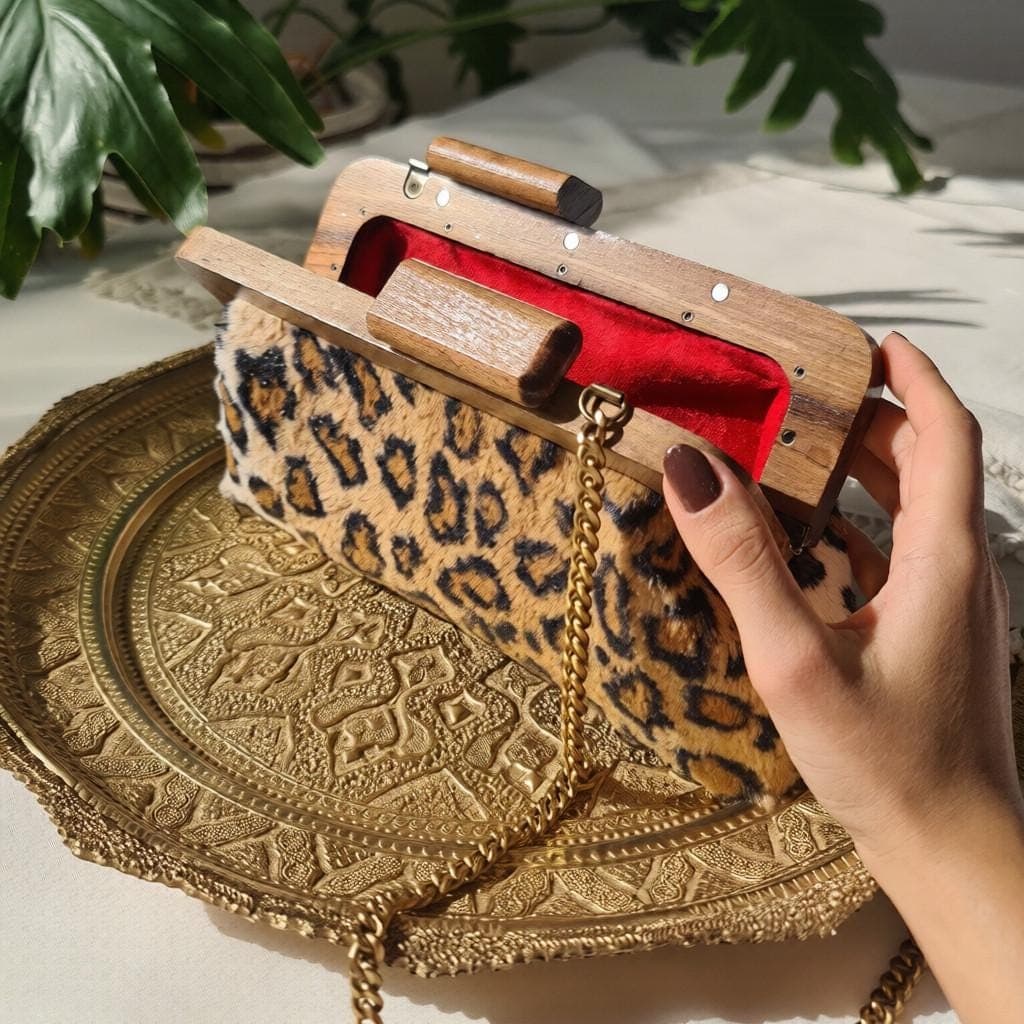 Leopard Faux Fur Clutch – Walnut Wood Frame