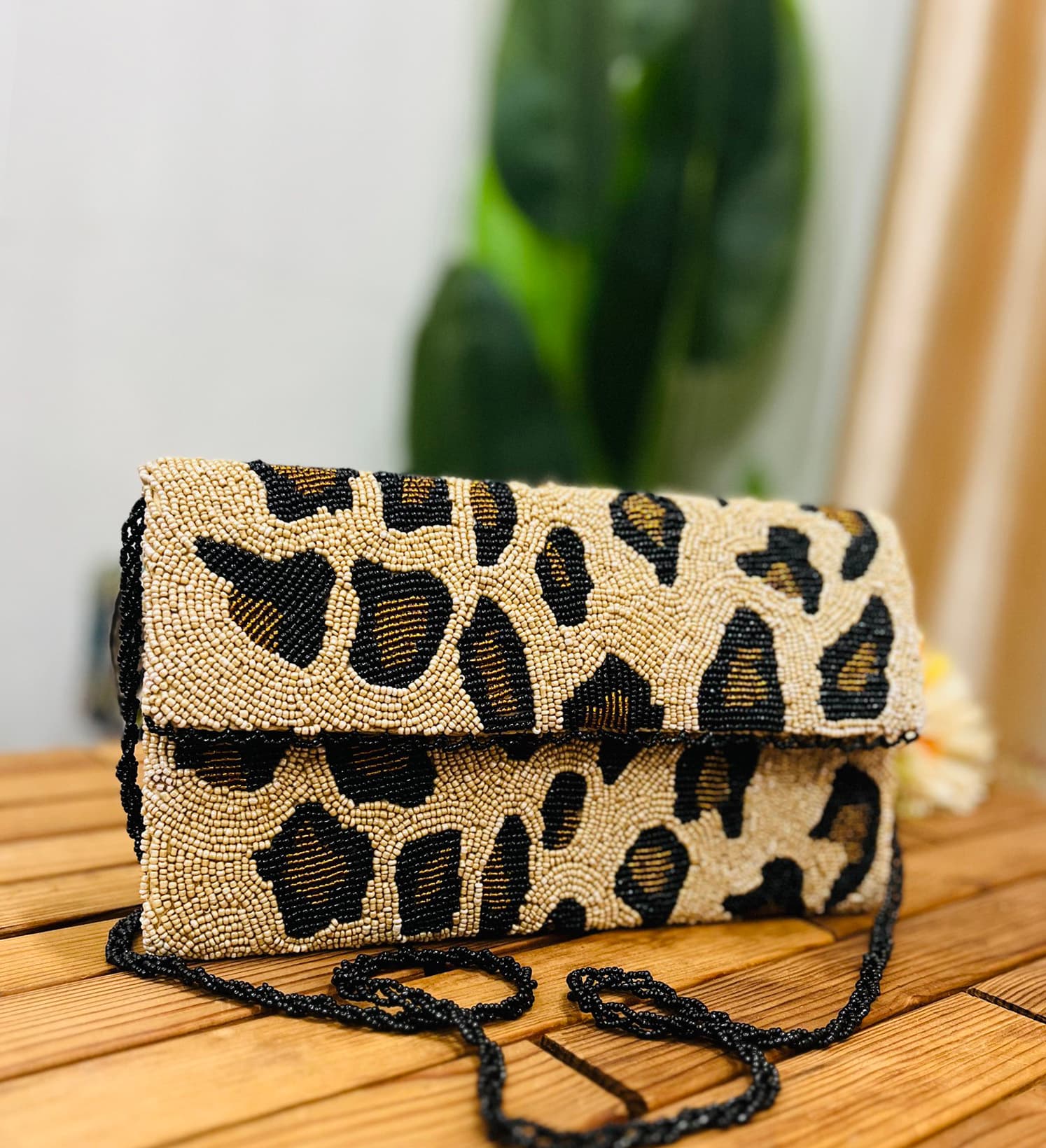 Leopard Print Artisan Hand-Beaded Envelope Clutch by Zara Label