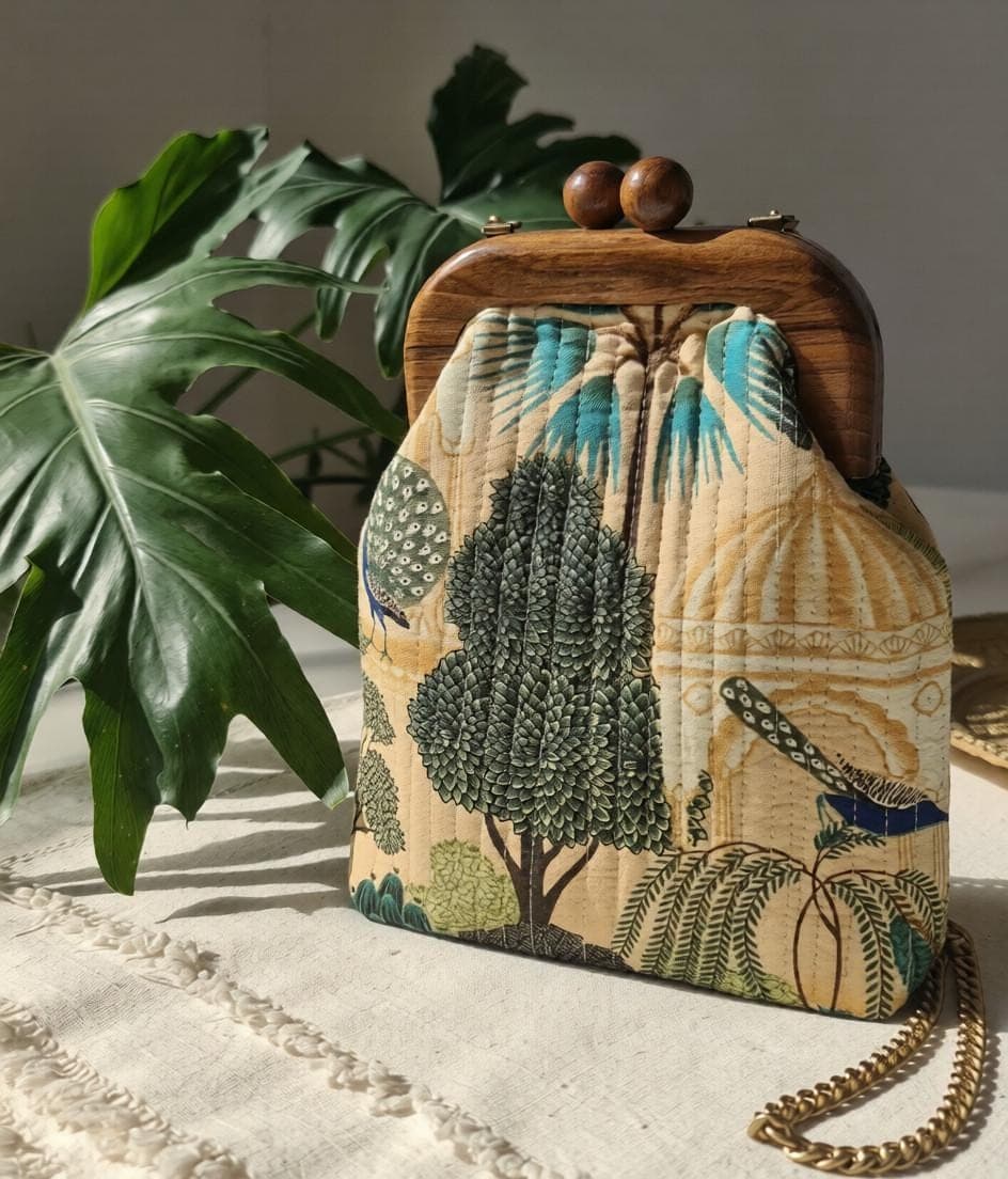 Quilted Peacock Print Handbag – Walnut Wood Frame