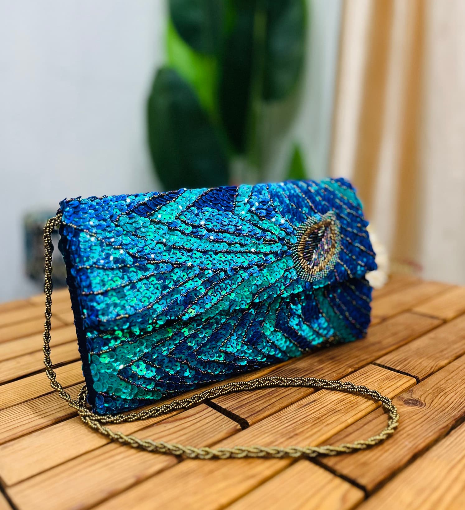 Peacock Feather Artisan Sequin & Beaded Envelope Clutch by Zara Label