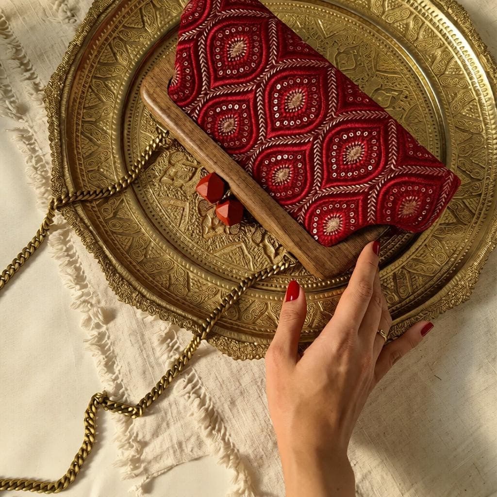 Red Embroidered Clutch – Walnut Wood Frame