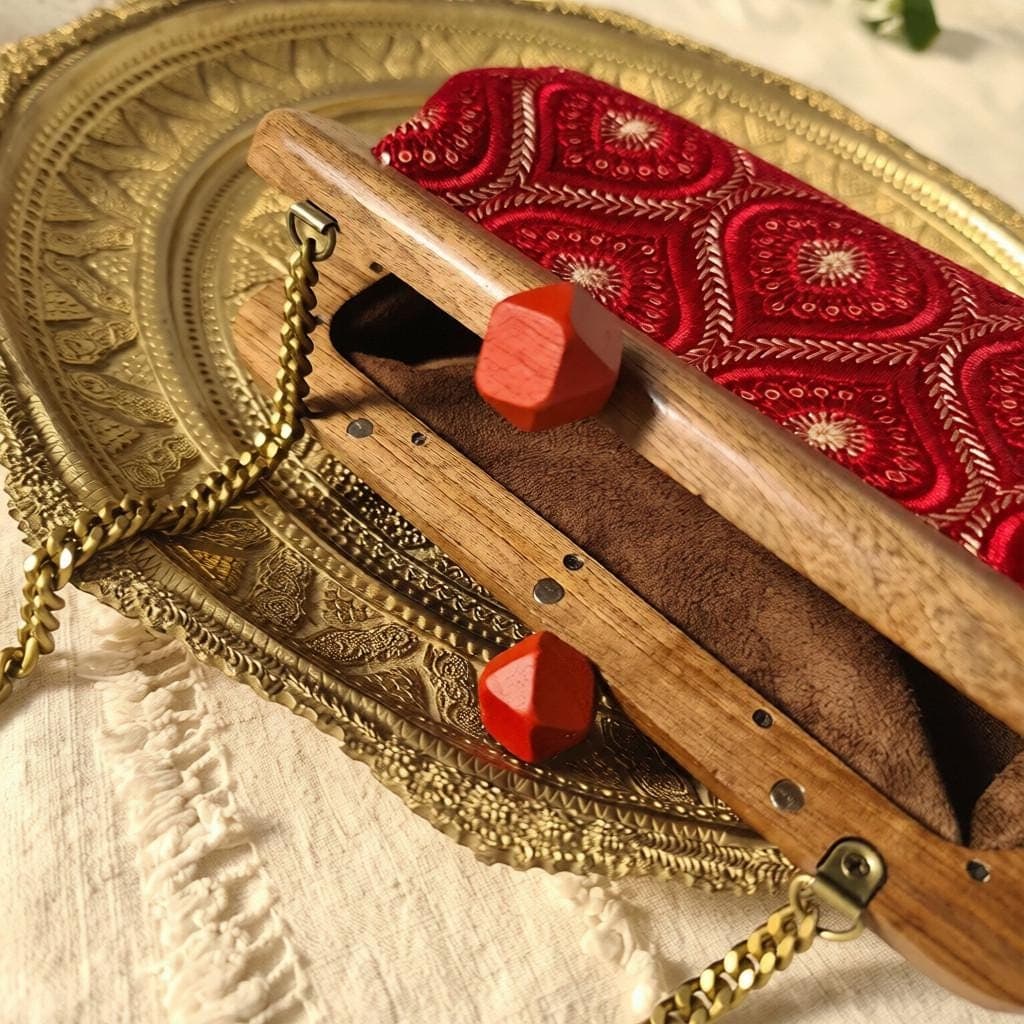 Red Embroidered Clutch – Walnut Wood Frame