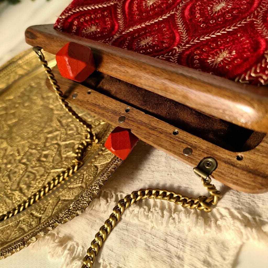 Red Embroidered Clutch – Walnut Wood Frame