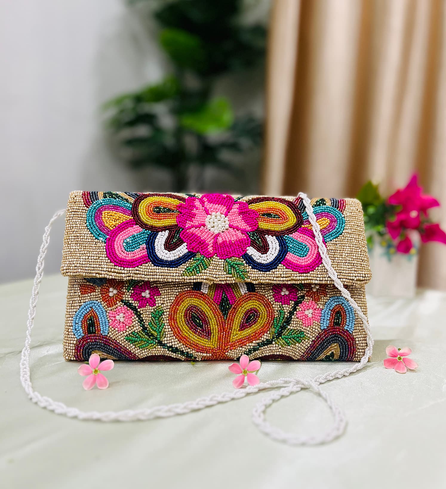 Vibrant Floral Artisan Hand-Beaded Envelope Clutch by Zara Label